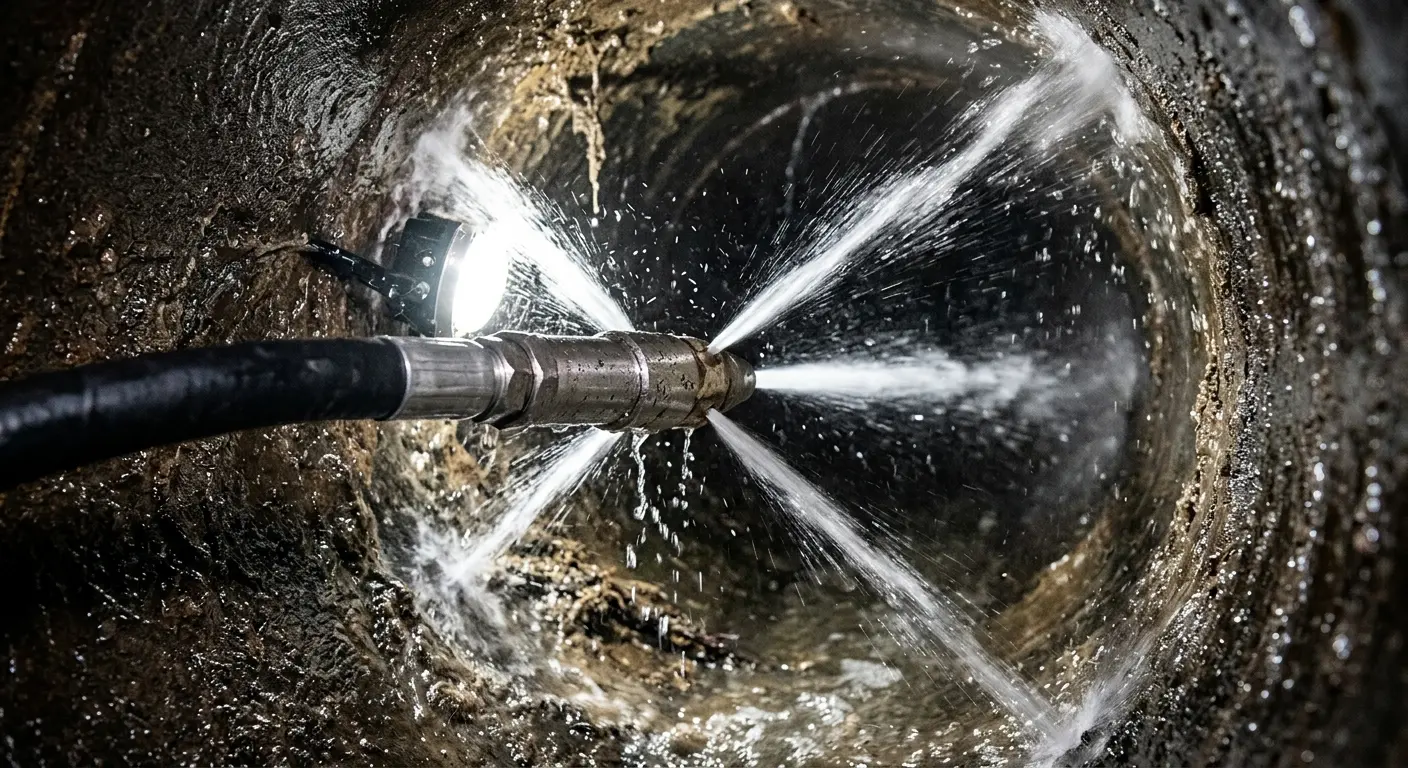 High-pressure hydro jetting nozzle cleaning sewer pipe for Trenchless Sewer Repair in Lake Hallie