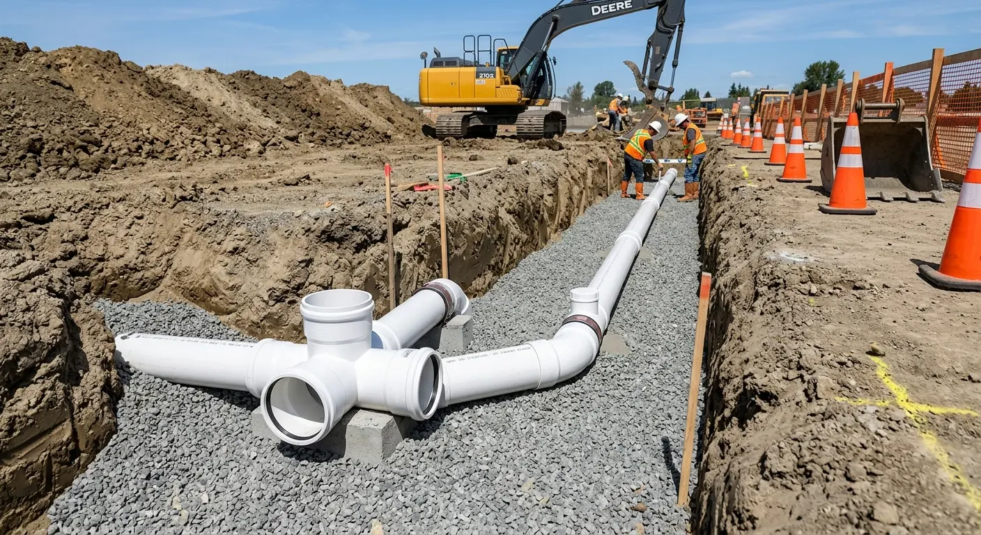 New PVC sewer pipe installation in open trench for Sewer Backup in Lake Hallie