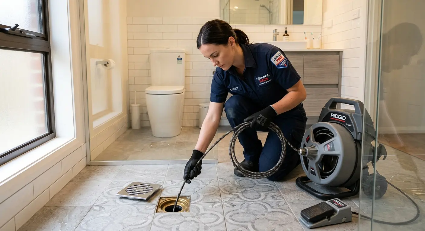 Technician clearing a bathroom floor drain for Drain Cleaning in Lake Hallie